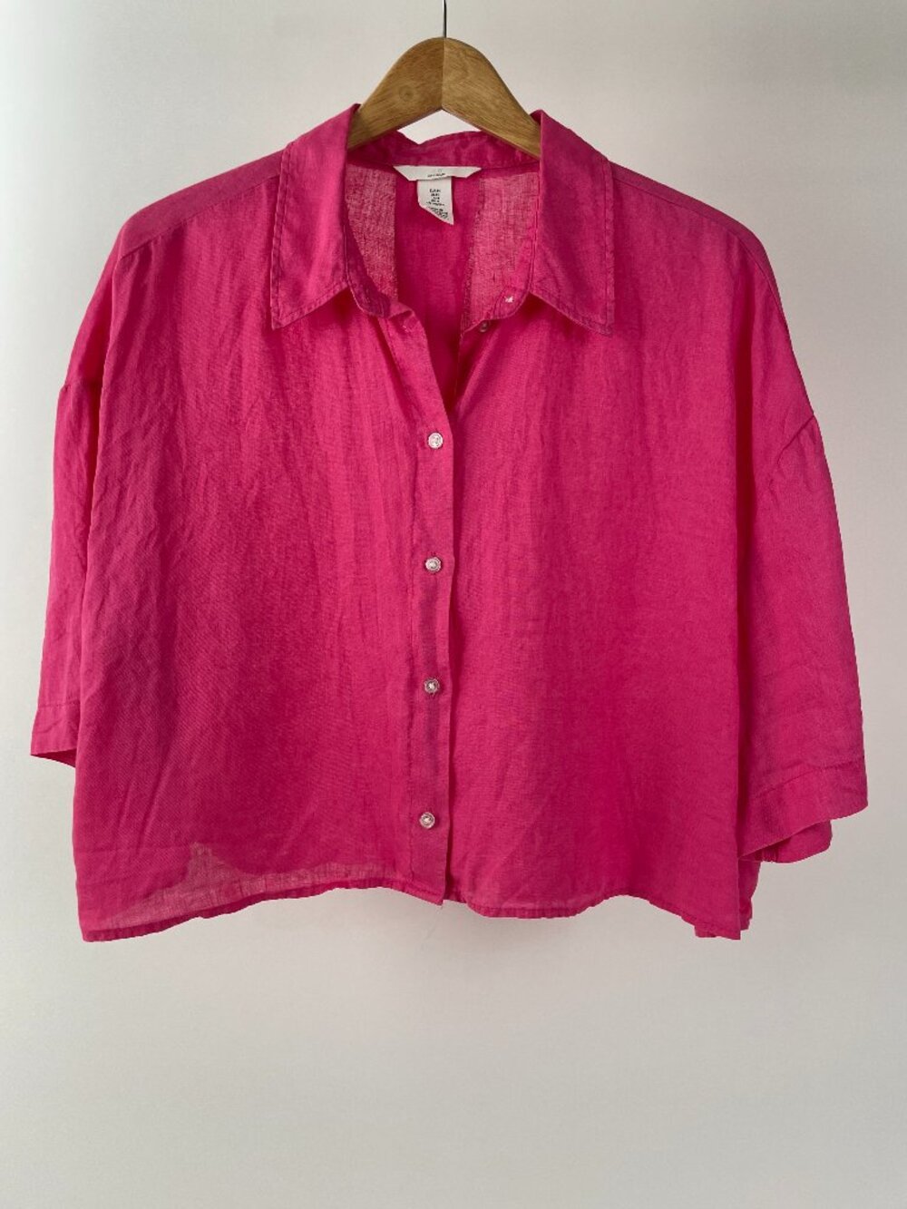 H&M Cropped Linen Button Up Shirt, Hot Pink/Fuschia, Size Medium (fits large)